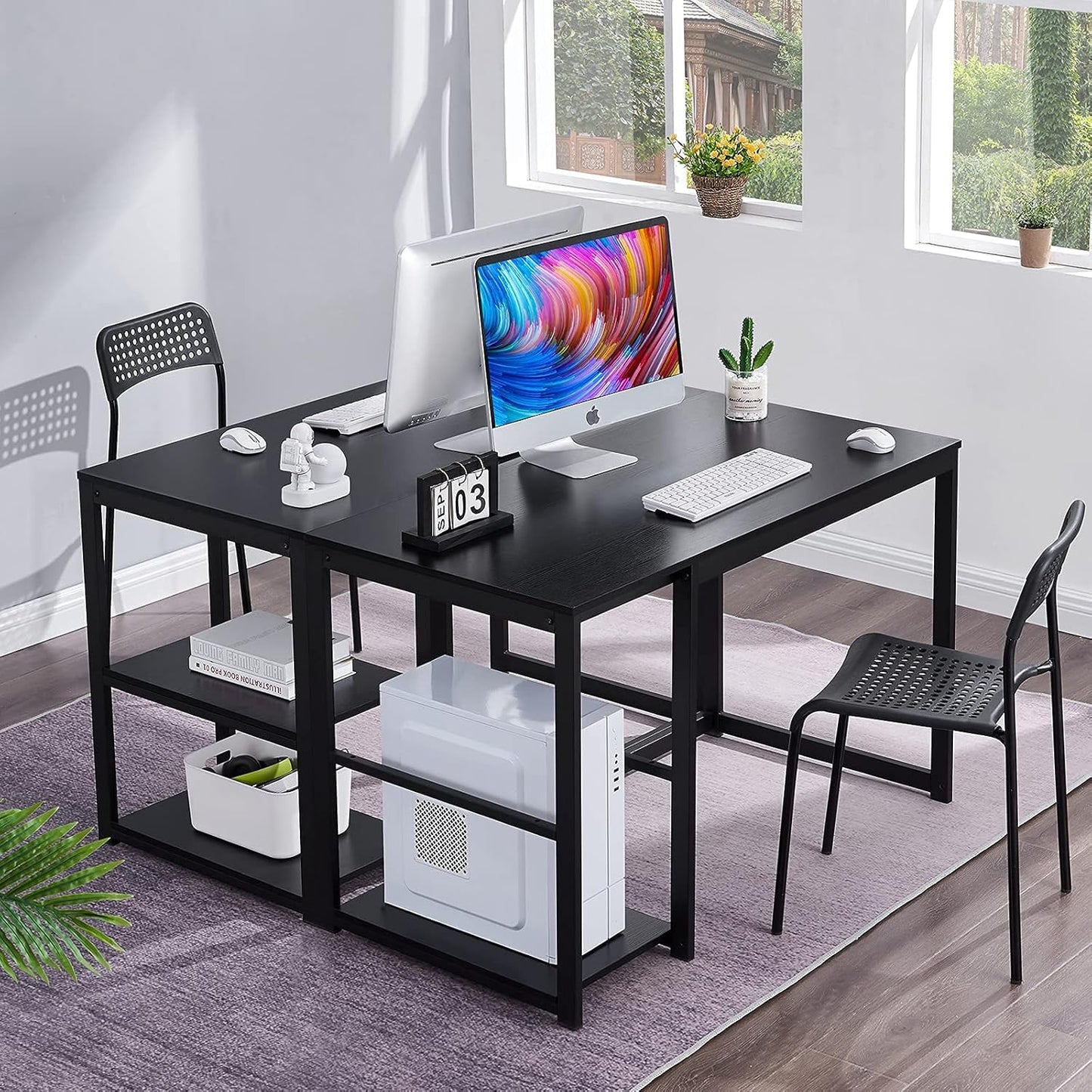 Computer Desk 47 Inch with Storage Space Home Office Work Desk with 2-Tier Shelves Modern PC Workstation Study Writing Laptop Table Gaming Desk, Black
