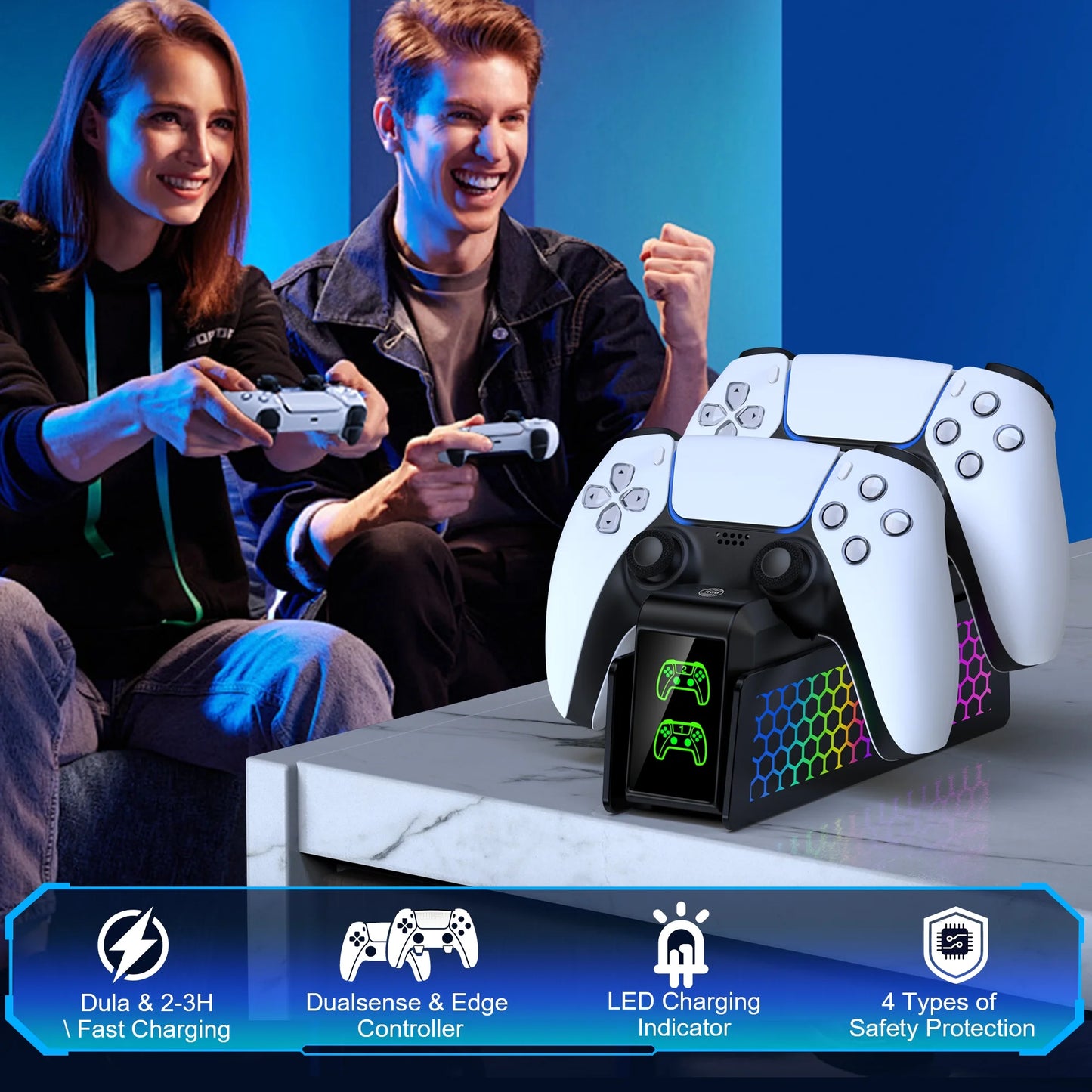 PS5 Controller Charger Station with Dual Fast Charging - Compatible with Elite Controllers, Smart LED Indicators, Safety Protection