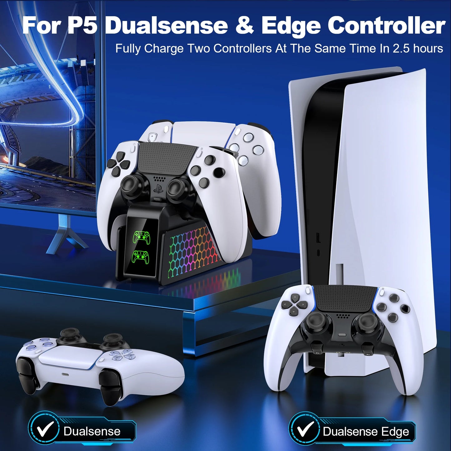 PS5 Controller Charger Station with Dual Fast Charging - Compatible with Elite Controllers, Smart LED Indicators, Safety Protection