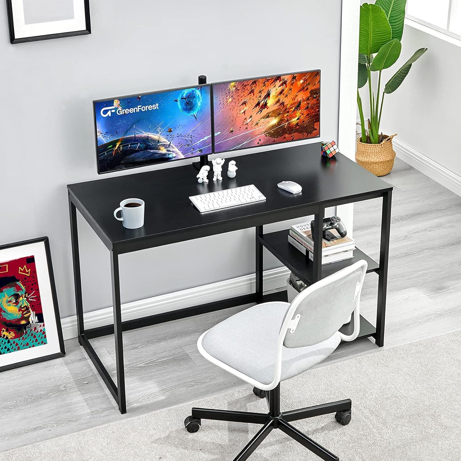 Computer Desk 47 Inch with Storage Space Home Office Work Desk with 2-Tier Shelves Modern PC Workstation Study Writing Laptop Table Gaming Desk, Black