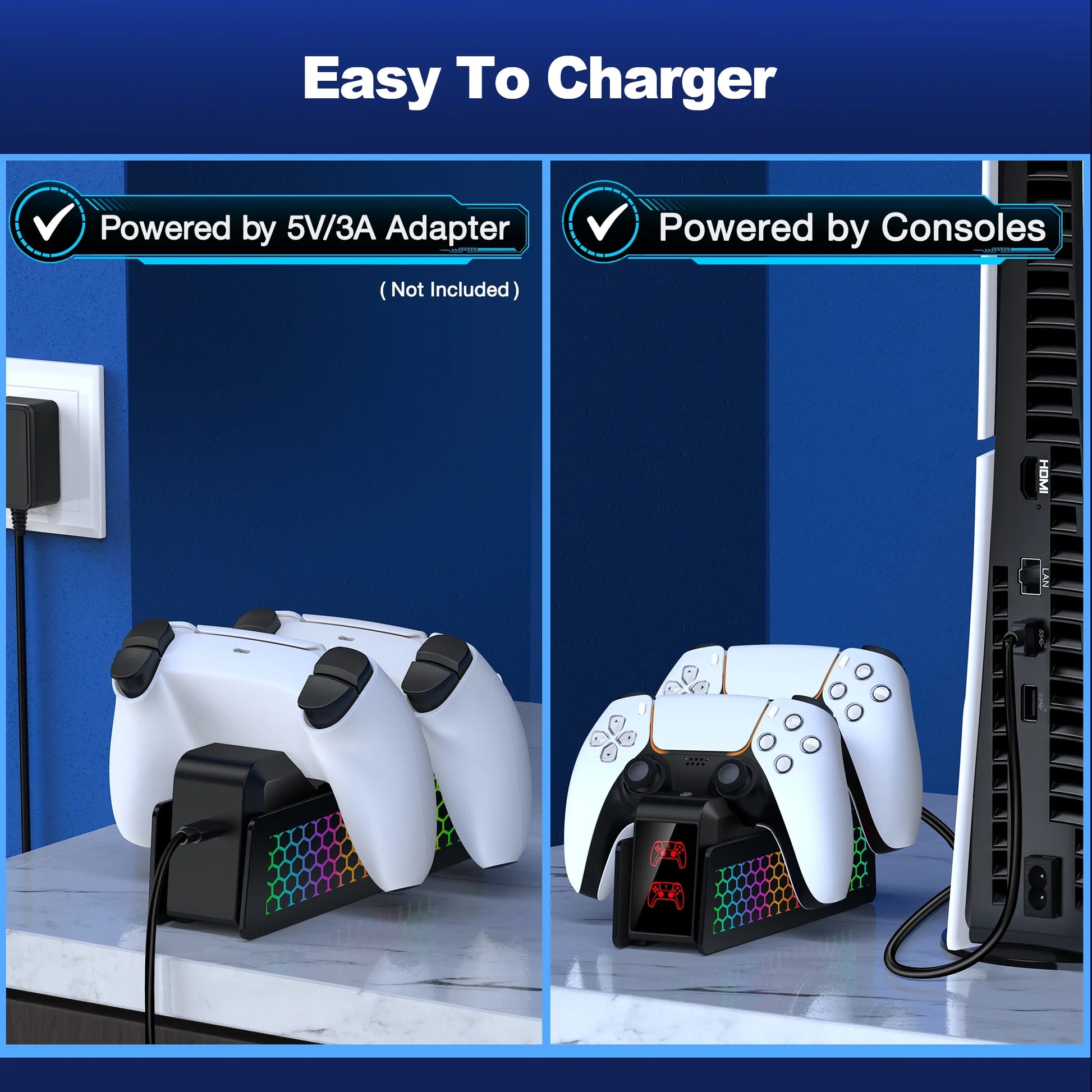PS5 Controller Charger Station with Dual Fast Charging - Compatible with Elite Controllers, Smart LED Indicators, Safety Protection