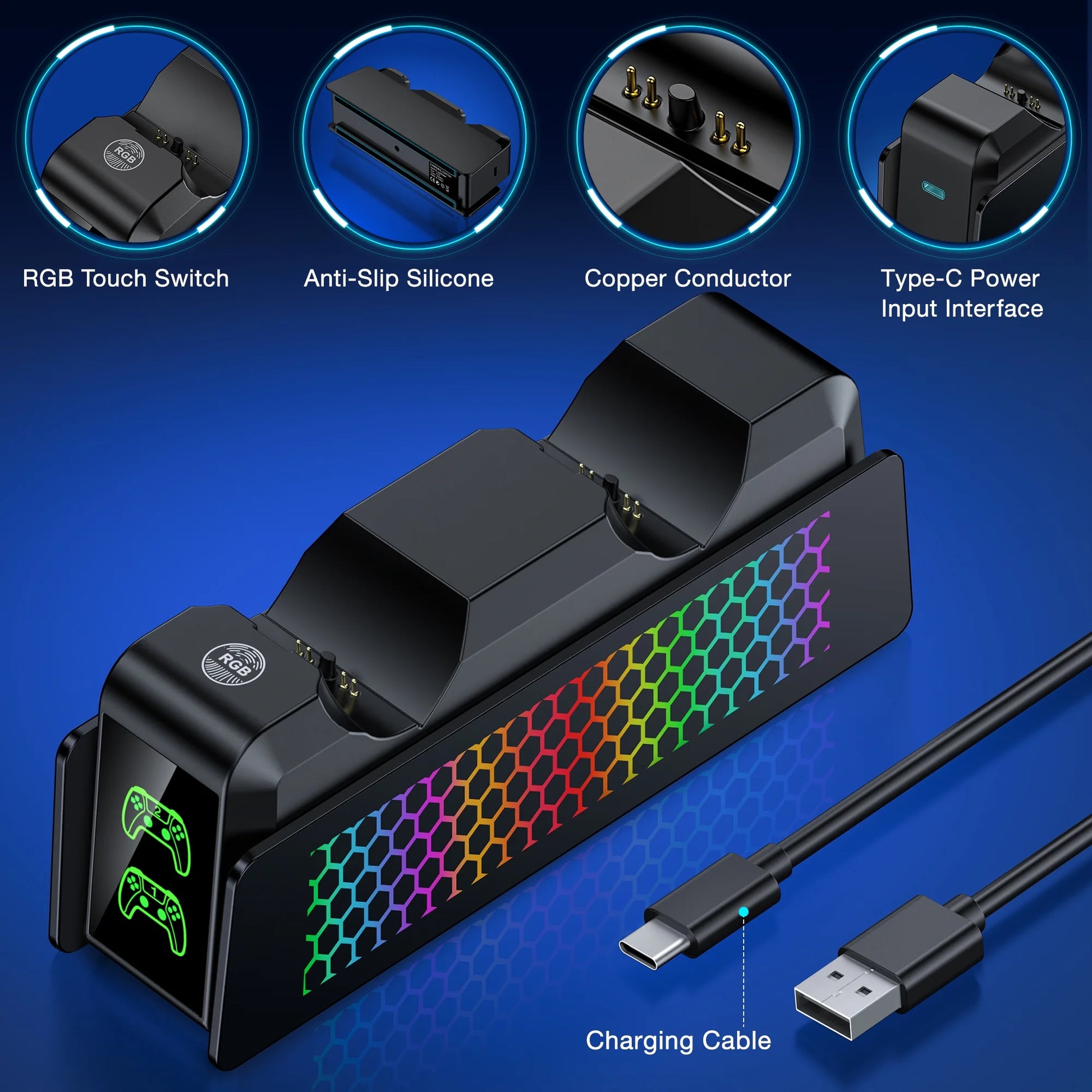 PS5 Controller Charger Station with Dual Fast Charging - Compatible with Elite Controllers, Smart LED Indicators, Safety Protection