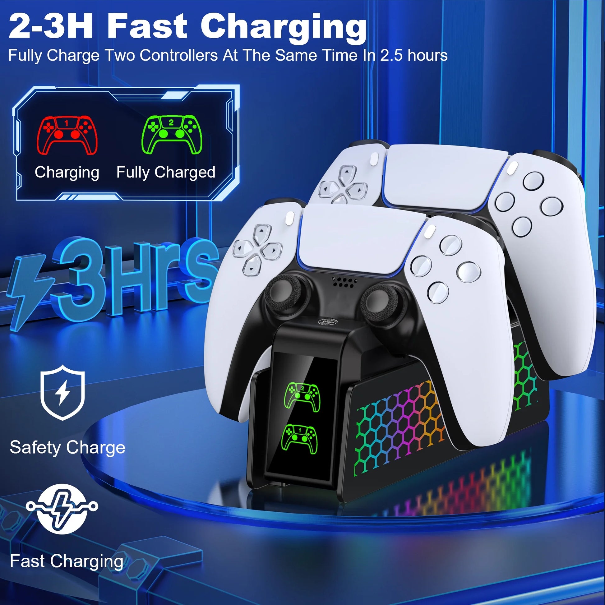 PS5 Controller Charger Station with Dual Fast Charging - Compatible with Elite Controllers, Smart LED Indicators, Safety Protection
