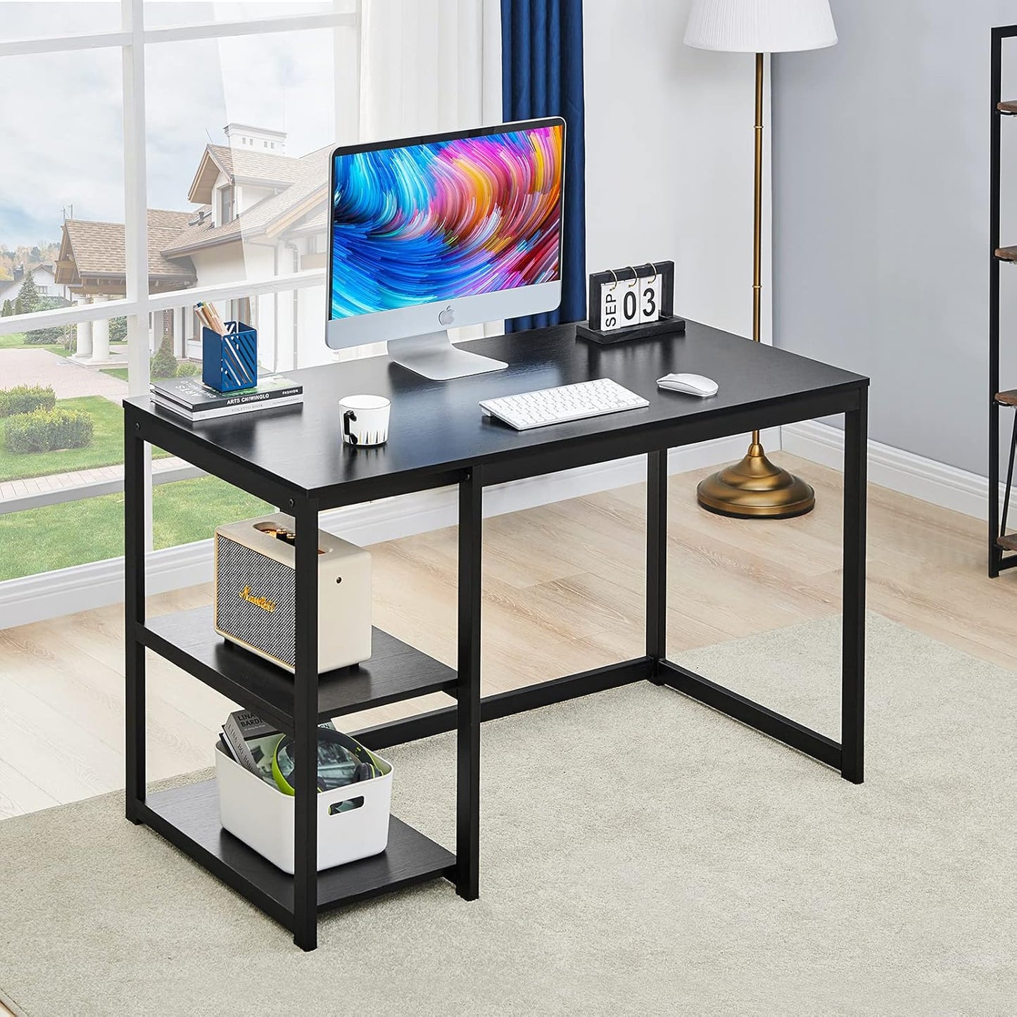 Computer Desk 47 Inch with Storage Space Home Office Work Desk with 2-Tier Shelves Modern PC Workstation Study Writing Laptop Table Gaming Desk, Black